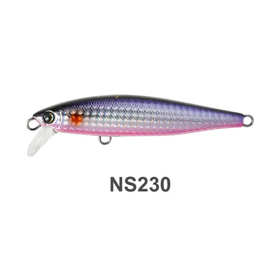 Silver and purple sinking minnow lure with orange head details and treble hooks