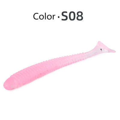 Light pink soft swimbait lure with ribbed body and small speckles, Color S08