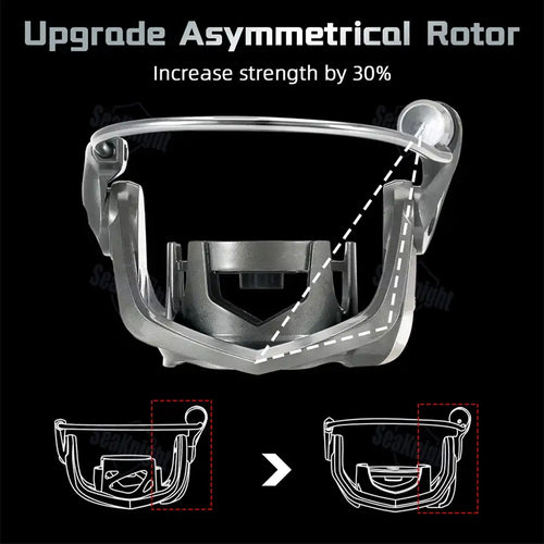 Silver metallic asymmetrical rotor of SeaKnight SANGE spinning reel with reinforced CNC aluminum design for strength
