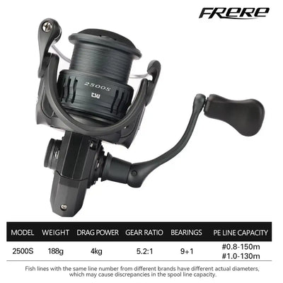 FRERE 2500S spinning reel with black spool and curved handle