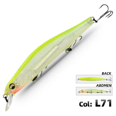 Neon green minnow fishing lure with silver belly and treble hooks, side view