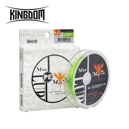 Fishing line spool with white PE braided line on reel, shown in retail package.