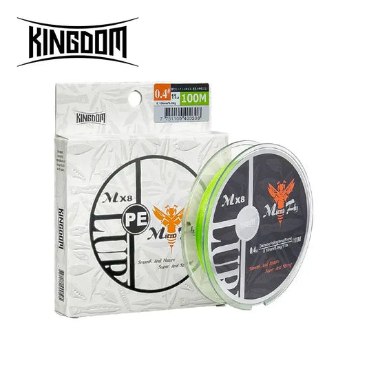 Fishing line spool with white PE braided line on reel, shown in retail package.