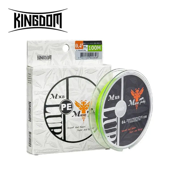 Fishing line spool with white PE braided line on reel, shown in retail package.