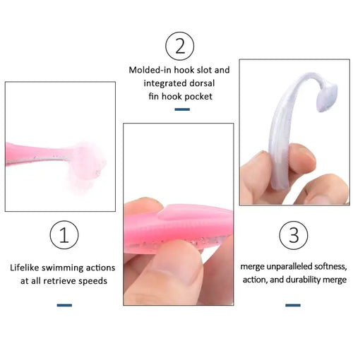 Pink soft plastic paddle tail minnow with molded hook slot and fin hook pocket