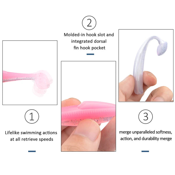 Pink soft plastic paddle tail minnow with molded hook slot and fin hook pocket