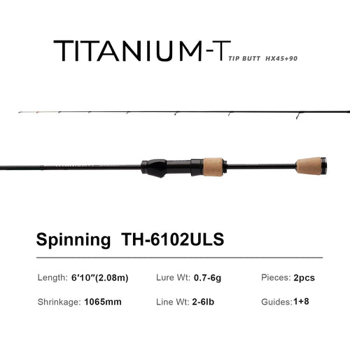 Spinning rod TH-6102ULS with black blank, cork grip, and titanium-T tip