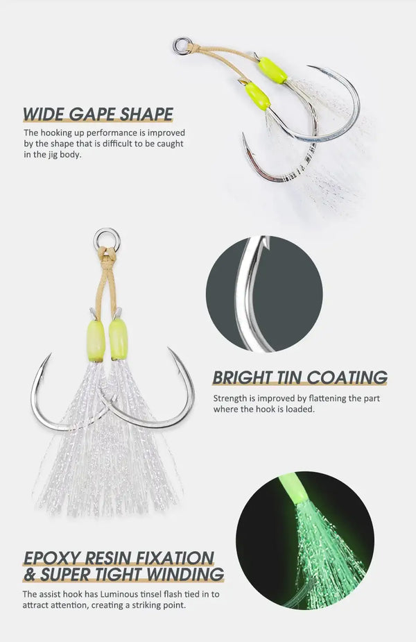 Neon bead jigging assist hooks with bright tin coating, wide gape, and luminous tinsel flash