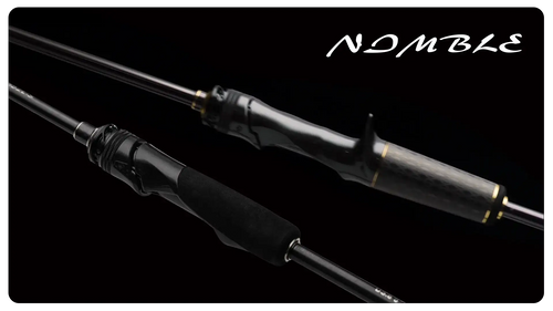Black fishing rod with molded grip and gold-toned reel seat accents