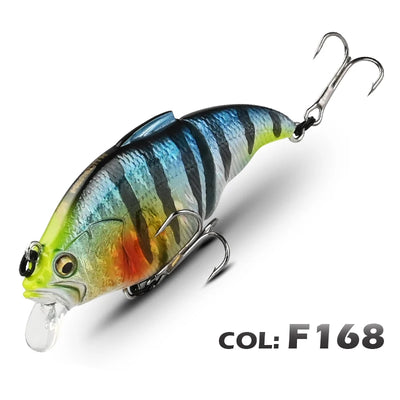 Blue and green striped vibration fishing lure with clear lip, 3D-style eye, and two treble hooks