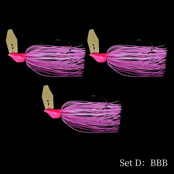 Tsurinoya bladed jig set with purple silicone skirt and pink head, 3pcs