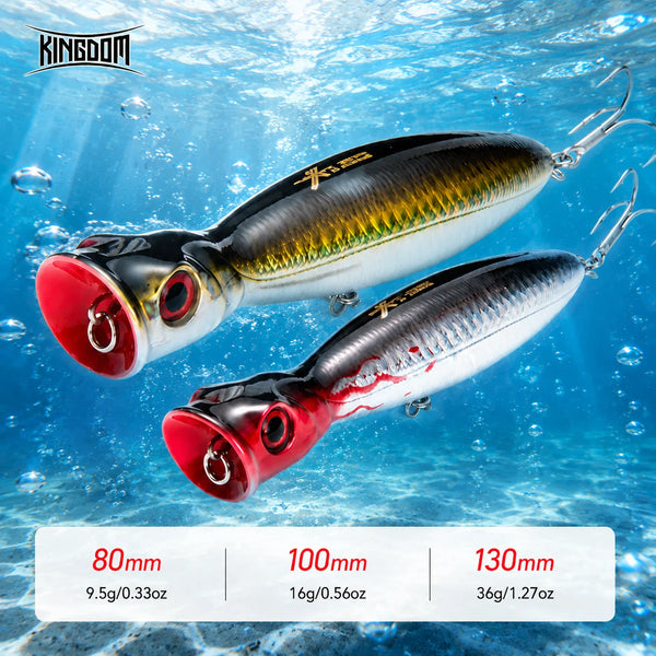 Floating popper fishing lure set, black and yellow bodies with red mouths and treble hooks