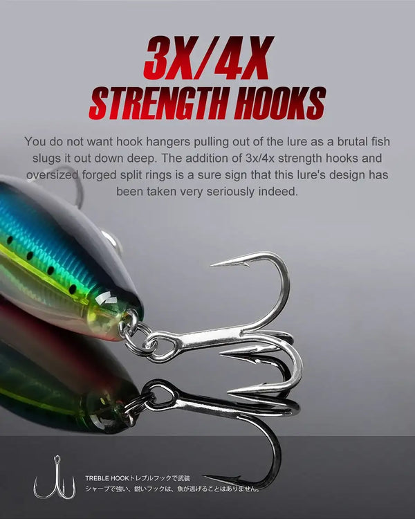 Topwater popper lure close-up, green and blue body with large treble strength hooks