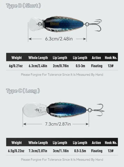 Floating crankbait minnow lure, dark blue body with treble hooks and split rings