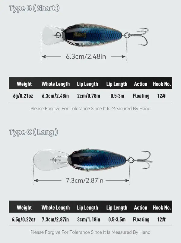 Floating crankbait minnow lure, dark blue body with treble hooks and split rings
