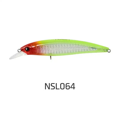 Red and lime floating minnow jerkbait with red eye, clear belly, treble hooks