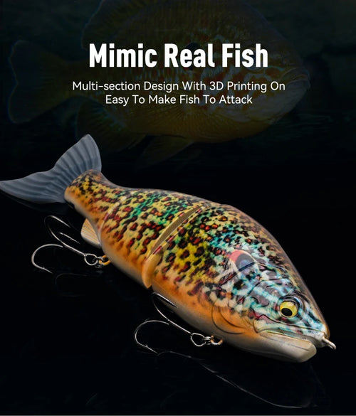 Right-facing speckled orange-and-blue jointed fishing swimbait with treble hooks
