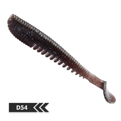 Soft silicone shad fishing lure, dark brown with blue speckles, translucent tail