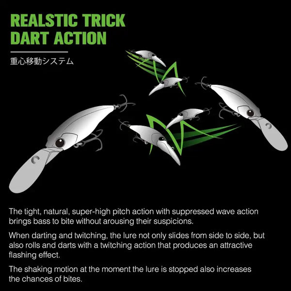 Suspending minnow lure set, white bodies with green accents, shown with dart action