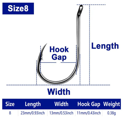 Offset octopus fishing hook, size 8, black metal hook with curved shank