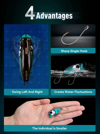Floating micro minnow lure and sharp single hook, teal-blue body shown with hand for scale
