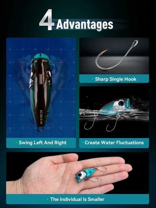 Floating micro minnow lure and sharp single hook, teal-blue body shown with hand for scale