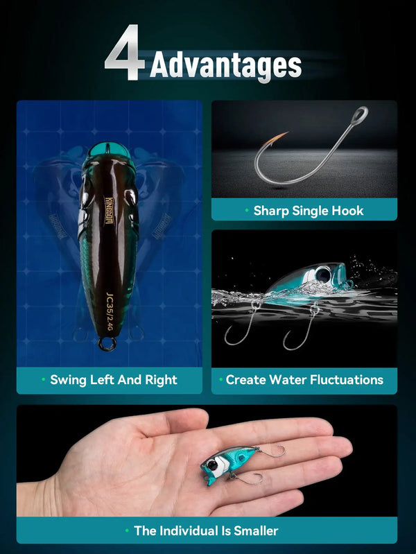Floating micro minnow lure and sharp single hook, teal-blue body shown with hand for scale