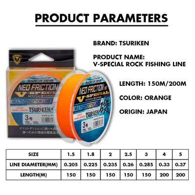 Tsuriken Neo Friction ISO V-Special Rock Fishing Line – Semi-Floating Nylon | 150/200m | Size #1.5 to #5