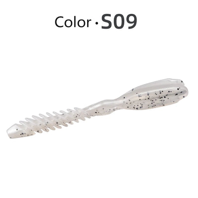 Silicone worm soft fishing lure, translucent white with black speckles and tail fins