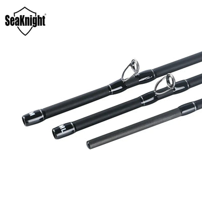 Black fishing rod with silver line guides and a textured handle grip