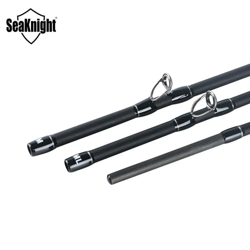 Black fishing rod with silver line guides and a textured handle grip