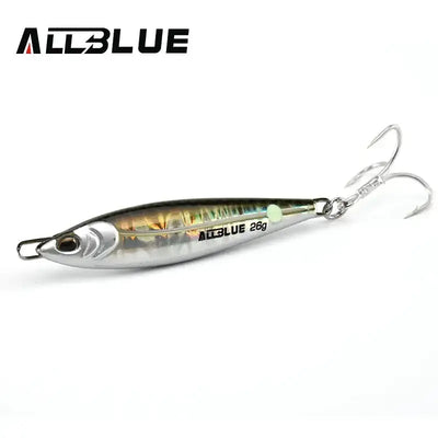 Metal fishing jig lure, silver and green-blue, with treble hooks and split ring