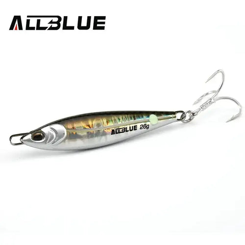 Metal fishing jig lure, silver and green-blue, with treble hooks and split ring