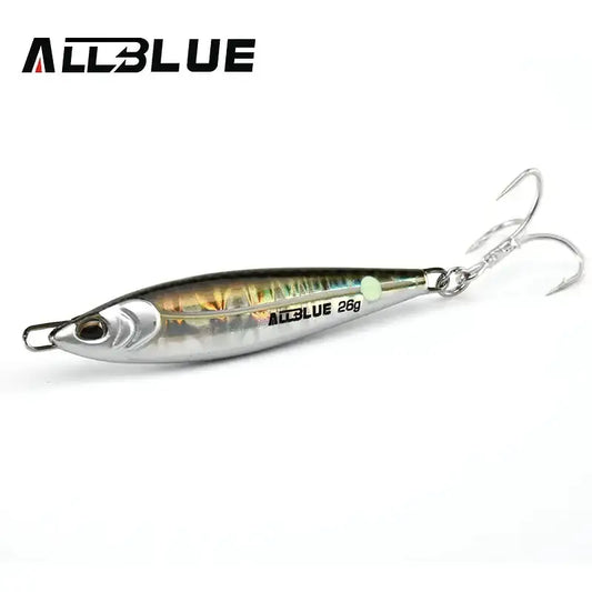 Metal fishing jig lure, silver and green-blue, with treble hooks and split ring