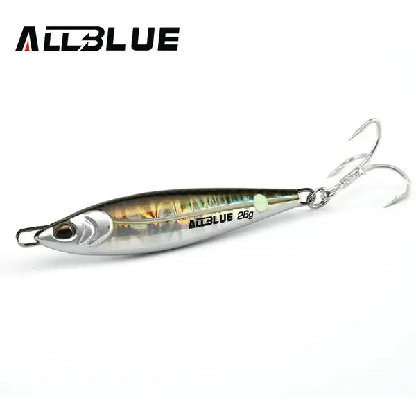 Metal fishing jig lure, silver and green-blue, with treble hooks and split ring