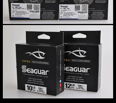 Two Seaguar TATSU fluorocarbon fishing line boxes, 10LB and 12LB, black packaging