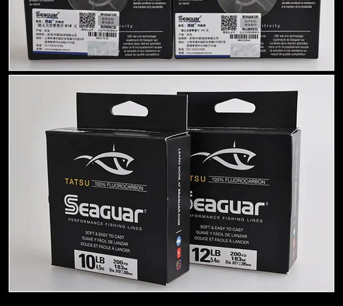 Two Seaguar TATSU fluorocarbon fishing line boxes, 10LB and 12LB, black packaging