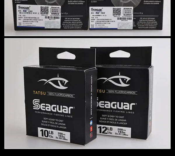 Two Seaguar TATSU fluorocarbon fishing line boxes, 10LB and 12LB, black packaging
