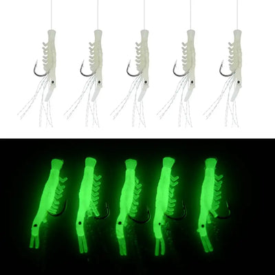 Glow luminous shrimp fishing bait rigs, green-lit shrimp lure bodies with hooks