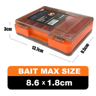 Orange tackle box with clear lid and molded latches, compact multi-compartment organizer