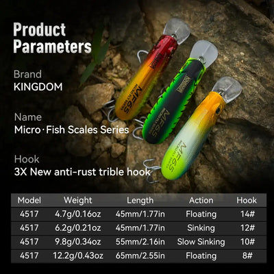 Set of KINGDOM micro fish scales crankbait lures in red, green, and orange colors with treble hooks