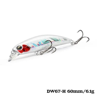 White mini sinking minnow crankbait with red head detail, holographic scales, treble hooks