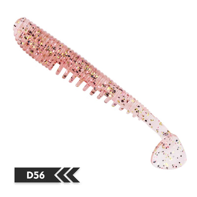 Soft silicone fishing lure, pink shad with sparkles and segmented body (D56).