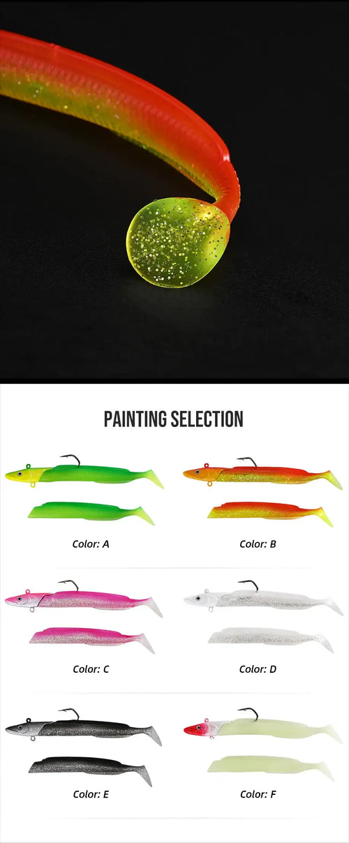 Soft paddle-tail fishing lure, red-orange with green glitter head