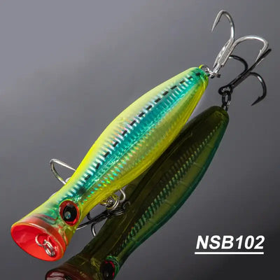 Hard fishing popper lure in chartreuse and dark green, red lip, treble hooks (NSB102)
