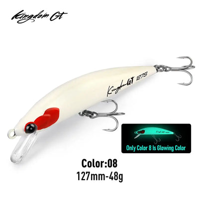 Saltwater sinking minnow lure, Color 08: white body with red lip and three treble hooks