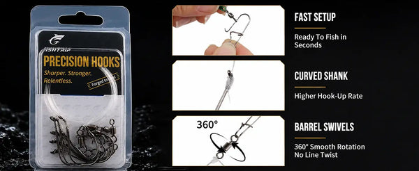 Precision hooks pre-tied set in clear plastic blister with metal hooks and swivel