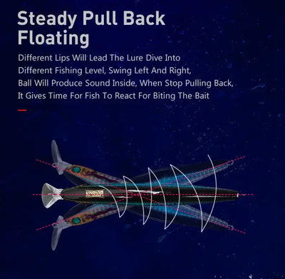 Floating pencil lure with clear lip and steady pull-back motion