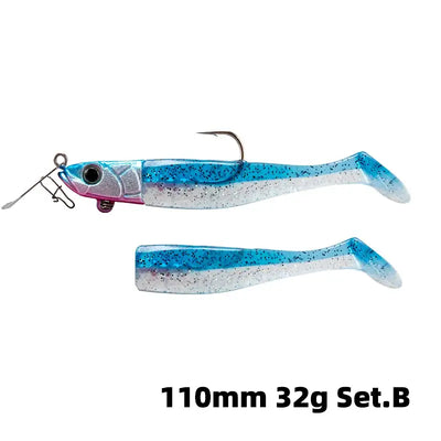 Soft T-tail fishing lure set with treble hook, blue and silver speckled, 110mm 32g