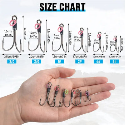 Assorted double shrimp hook sizes shown on size chart with sample hooks in hand